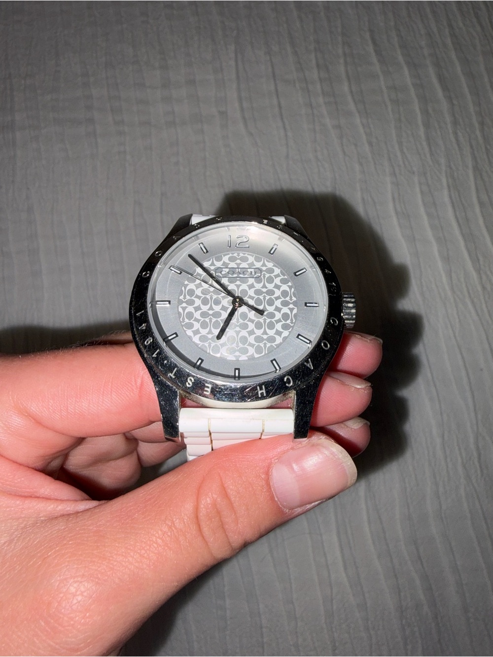 Coach Silver-Tone Bezel Watch with White Logo Dial and White Strap
